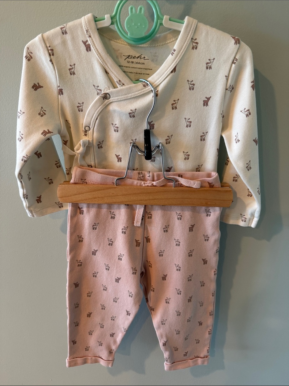 Pehr 12-18m Cream & Pink Deer kimono onesie and pants